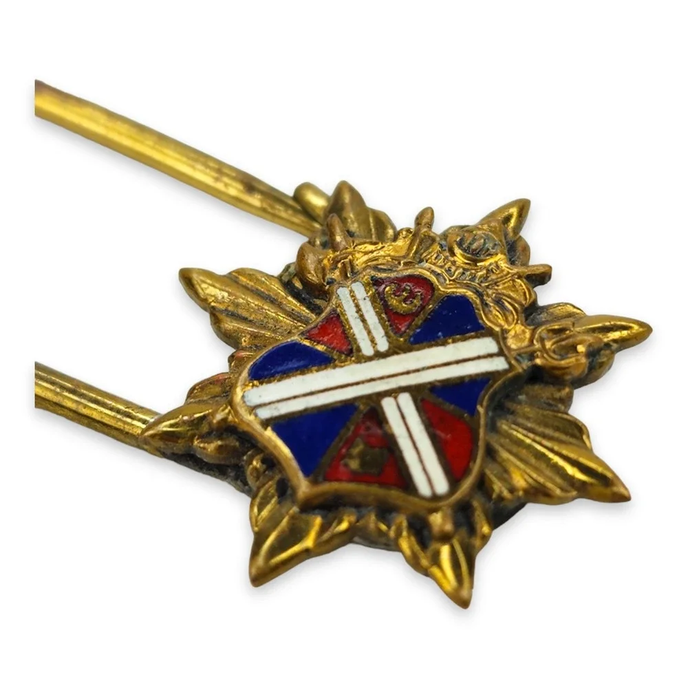 Vintage Gold Tone Kilt Pin Large Safety Pin with Red Blue Coat of Arms